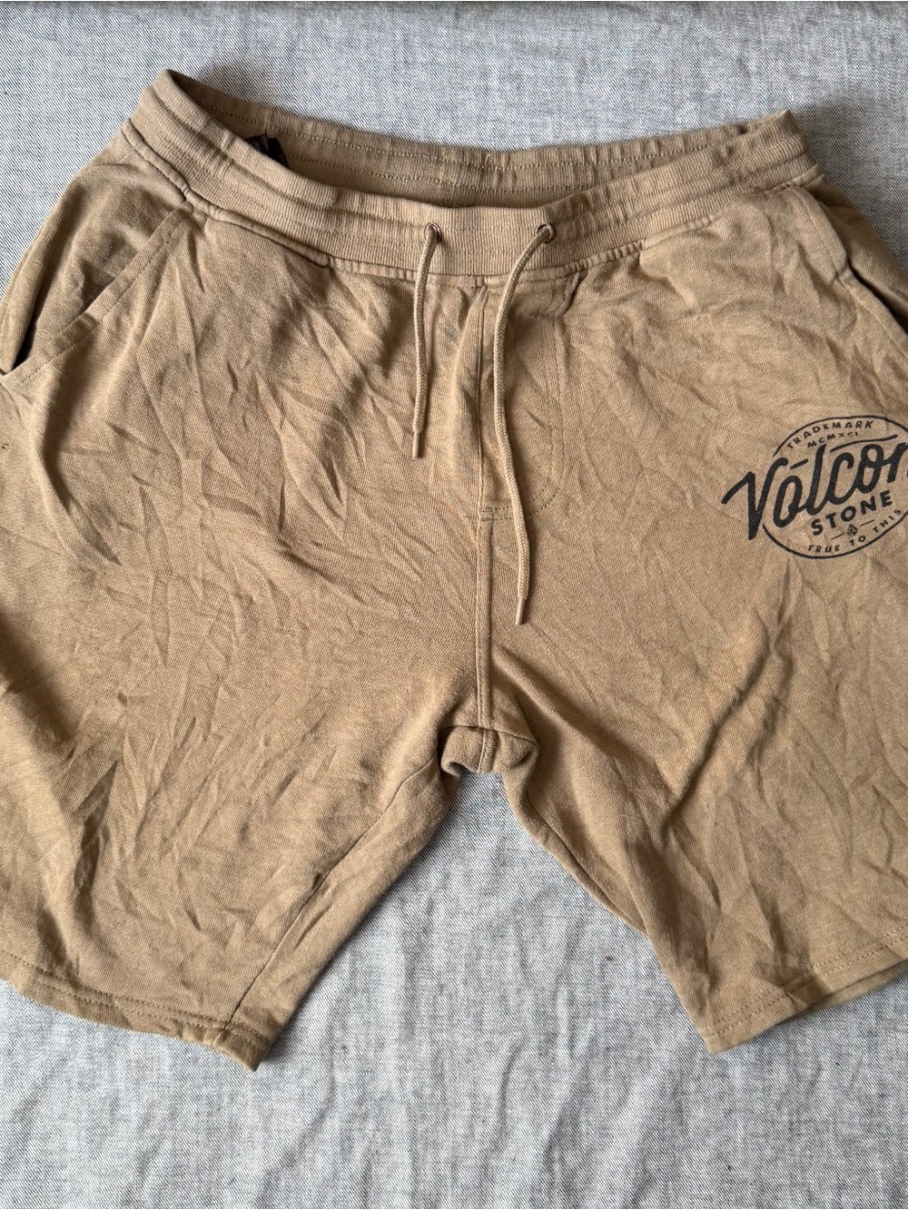 Volcom Men's Tan Drawstring Athletic Shorts with Logo